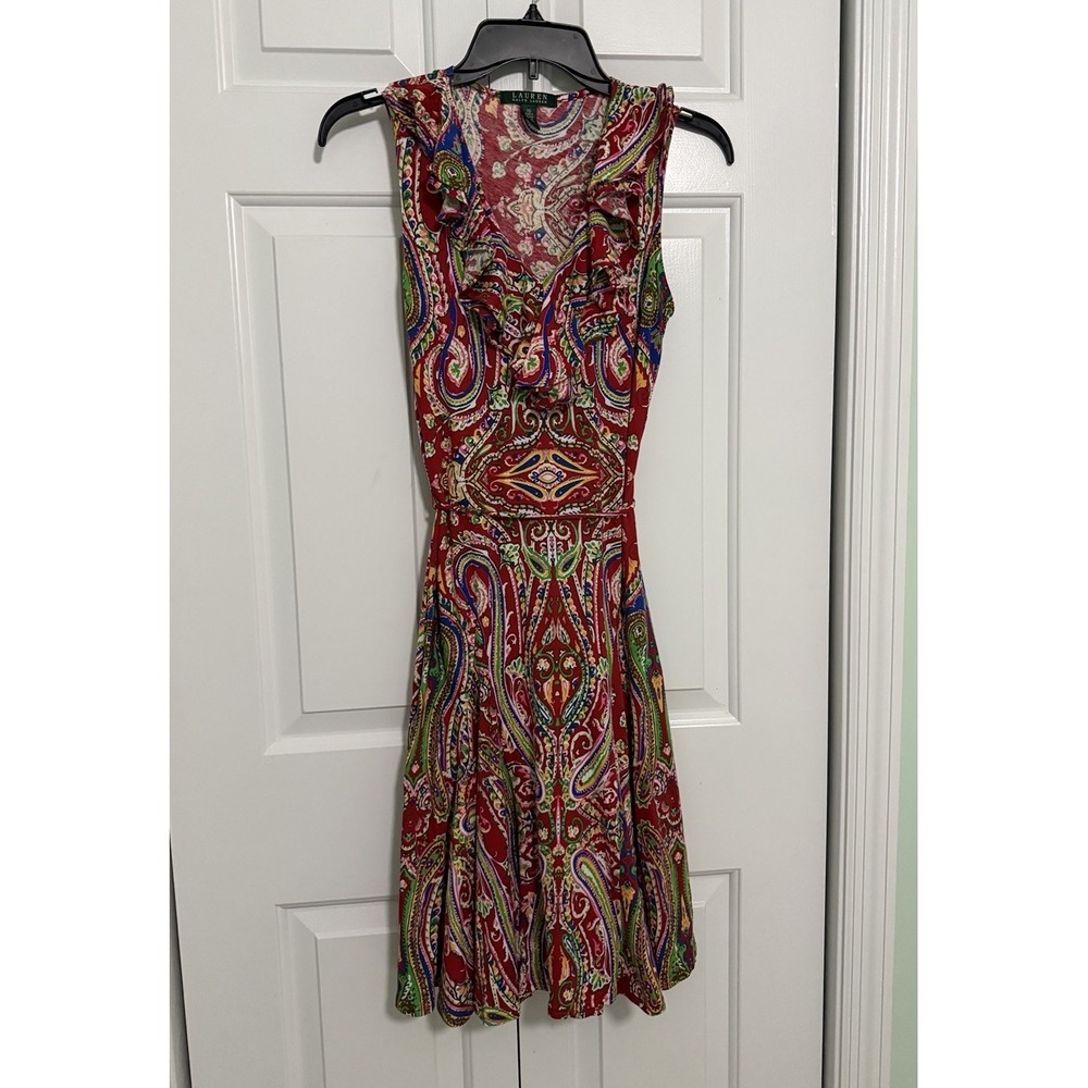 Lauren Ralph Lauren Sz XS Women's Fit & Flare Dress Tie Belt MIDI Paisley Floral